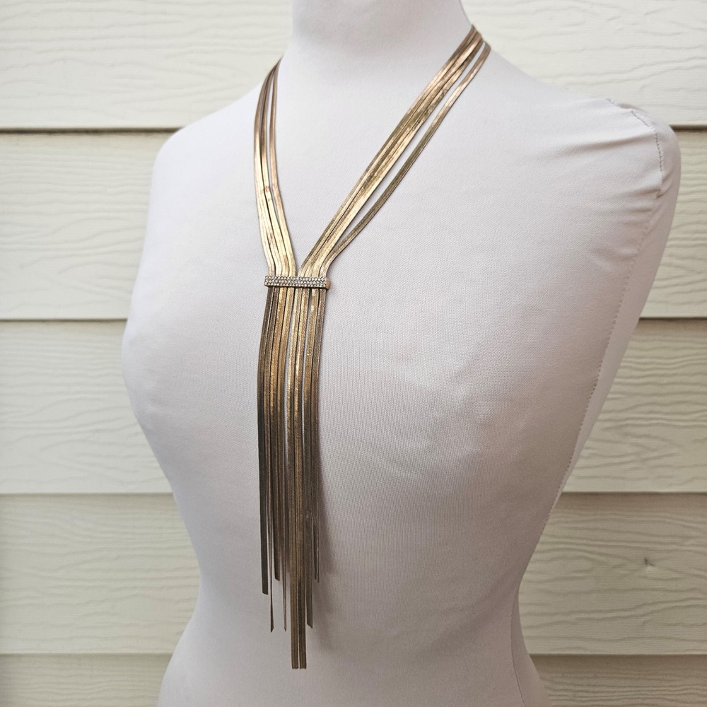 Chicos Bronze Herringbone Multi Strand Rhinestone Fringe Lariat Necklace